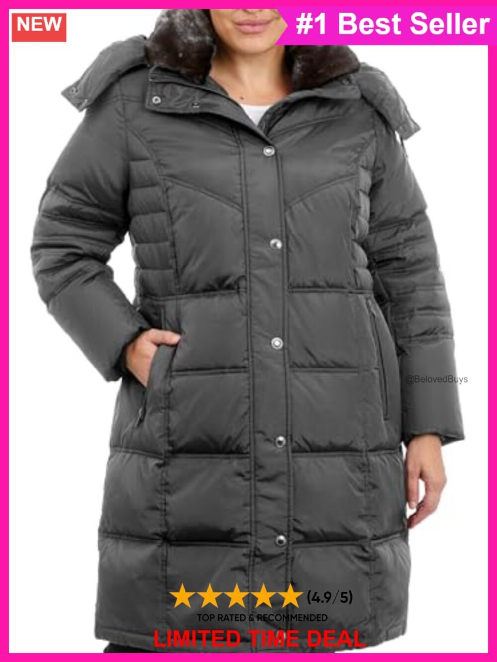 Quilted Down Alternative Coat Faux Fur Collar Hooded Mid-Length